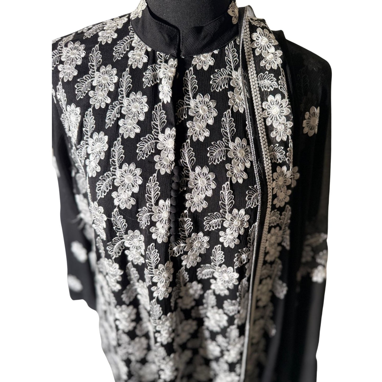 3 piece Black Chiffon Dress with White Embroidery and Silk Trouser