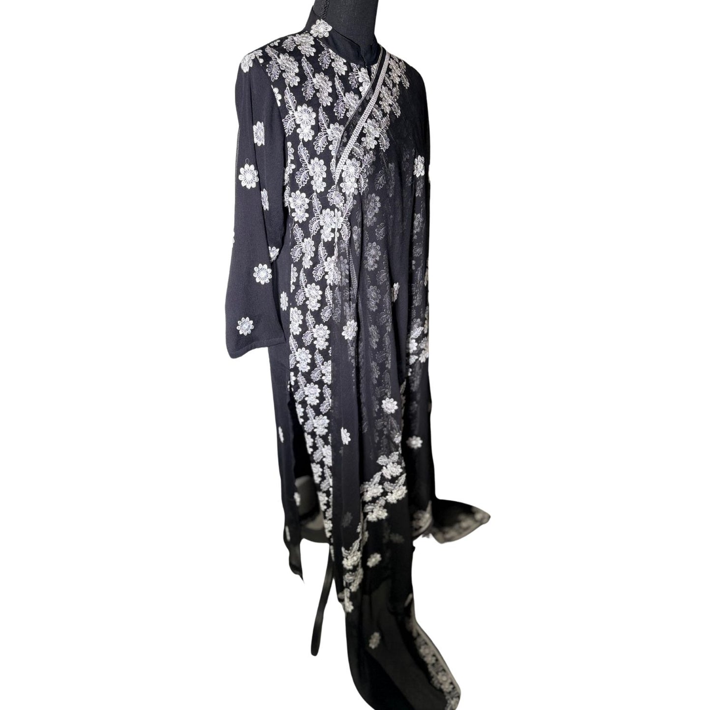 3 piece Black Chiffon Dress with White Embroidery and Silk Trouser