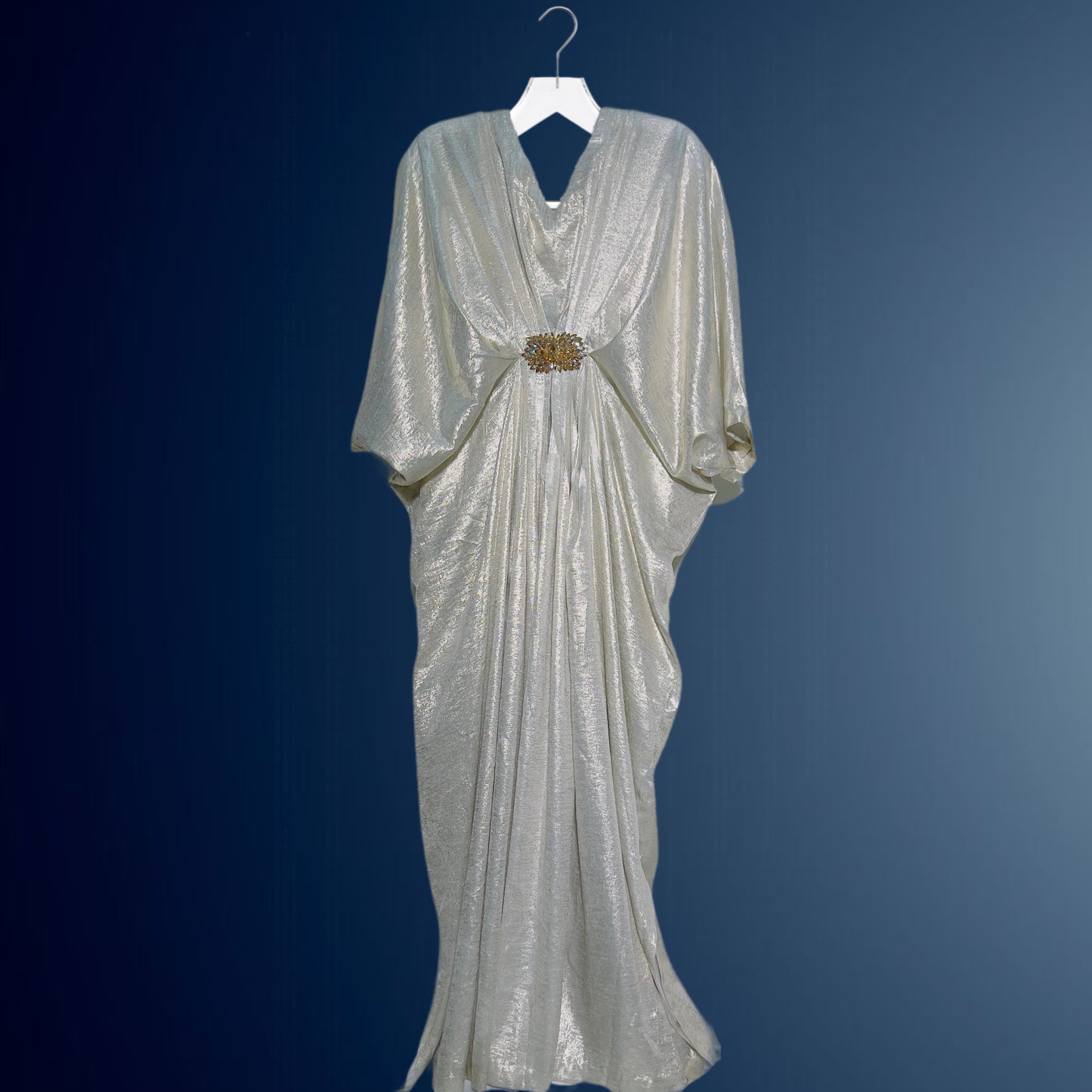Silver V-Neck Kaftan with Motif
