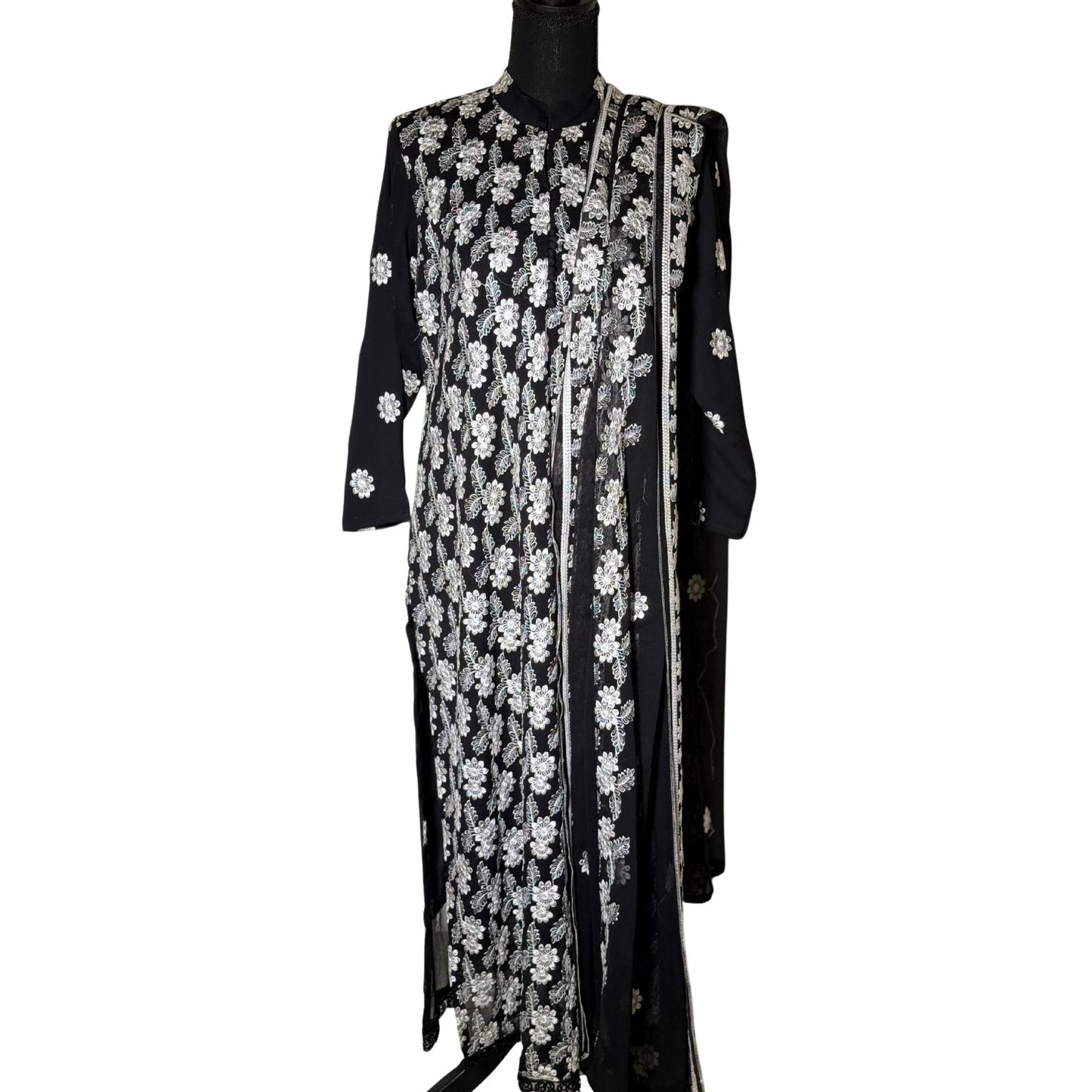 3 piece Black Chiffon Dress with White Embroidery and Silk Trouser