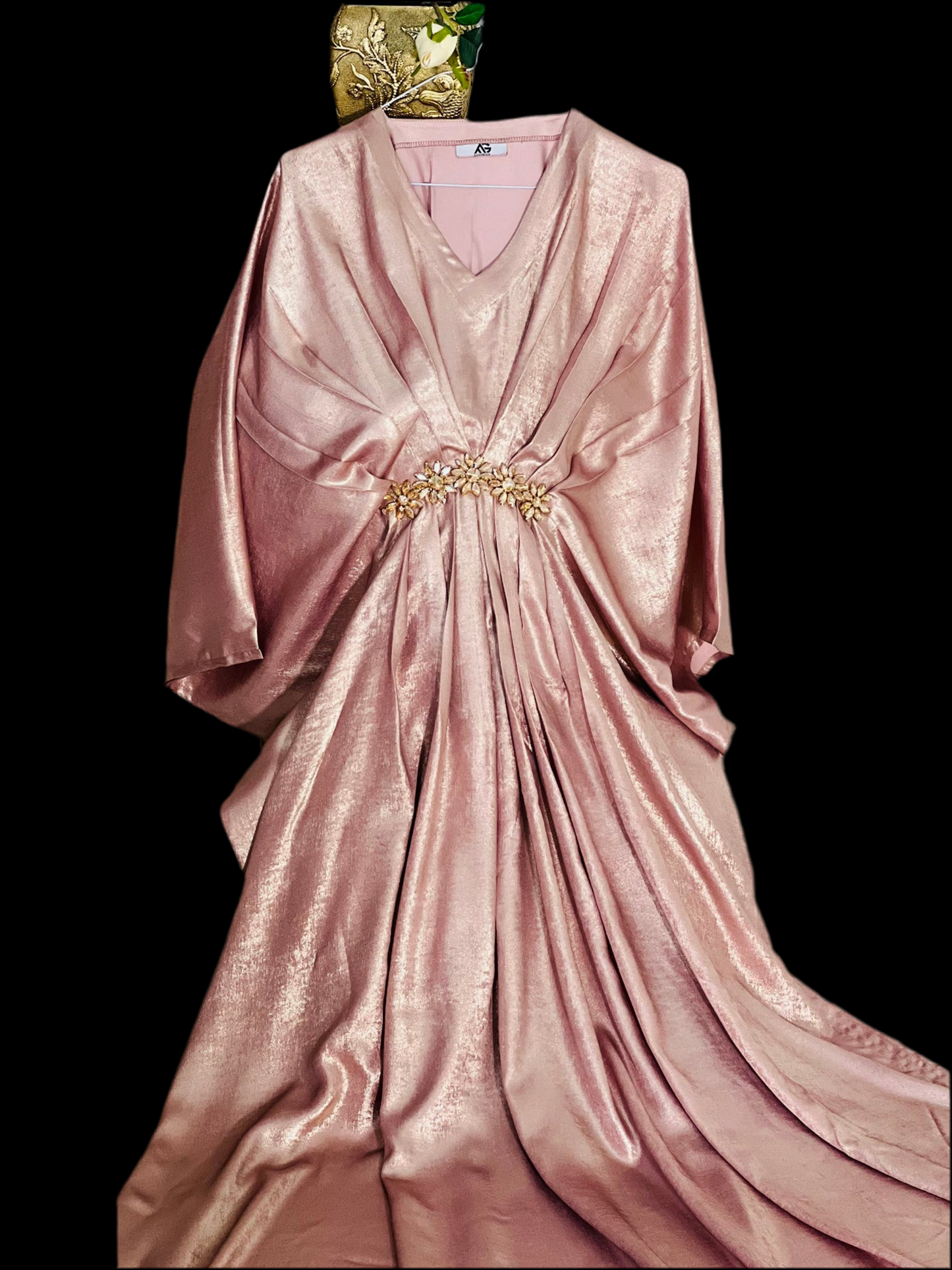 Peach Foil Zari Kaftan with Golden Motif