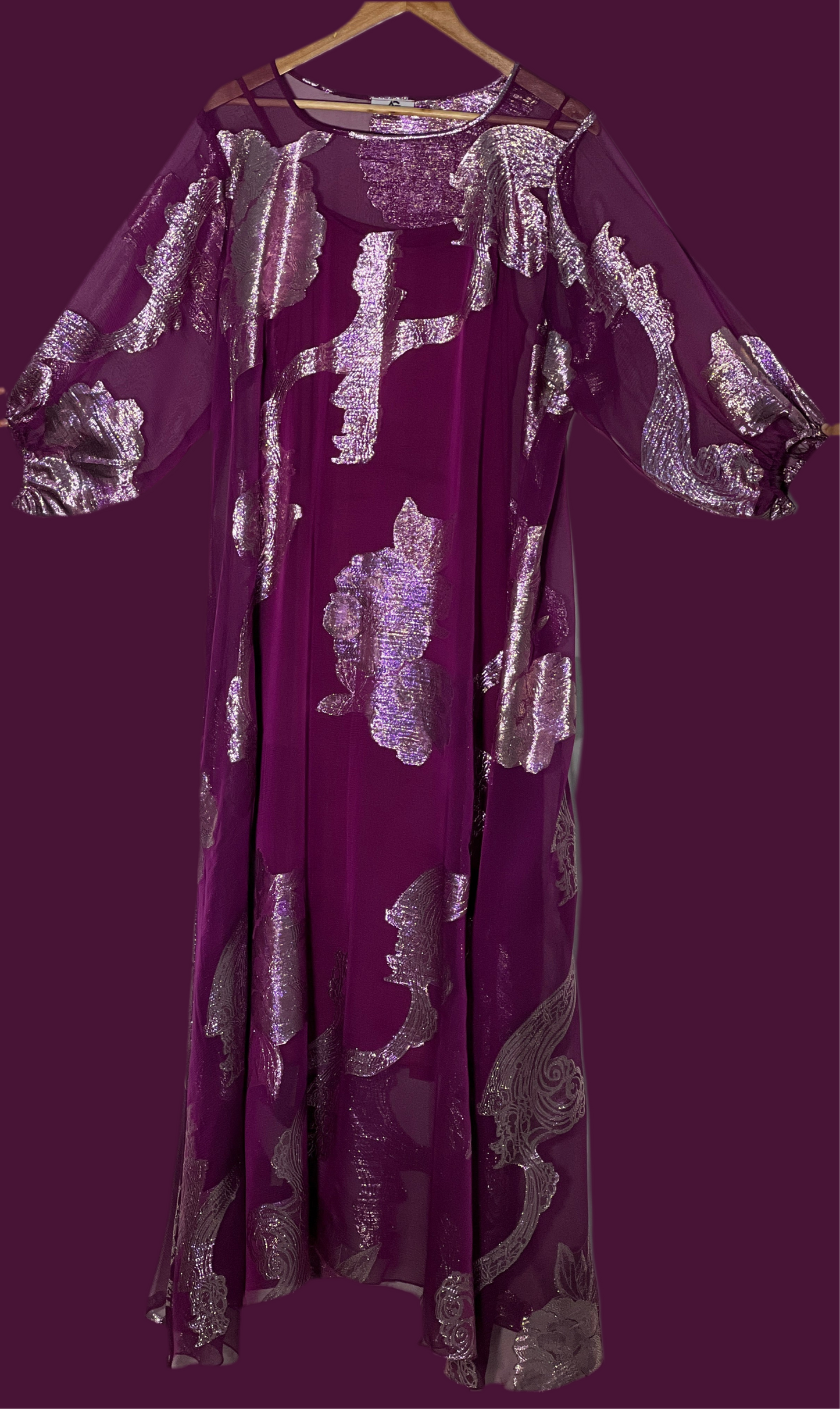 A Line Wine Purple Premium pure French silk chiffon fabric with gold metallic lurex in floral design
