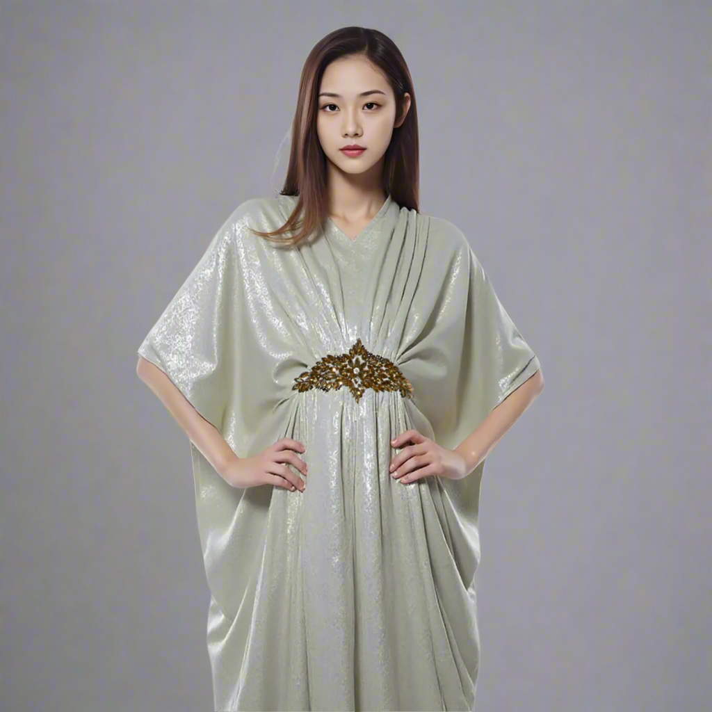 White V-Neck Kaftan with Motif Kaftan