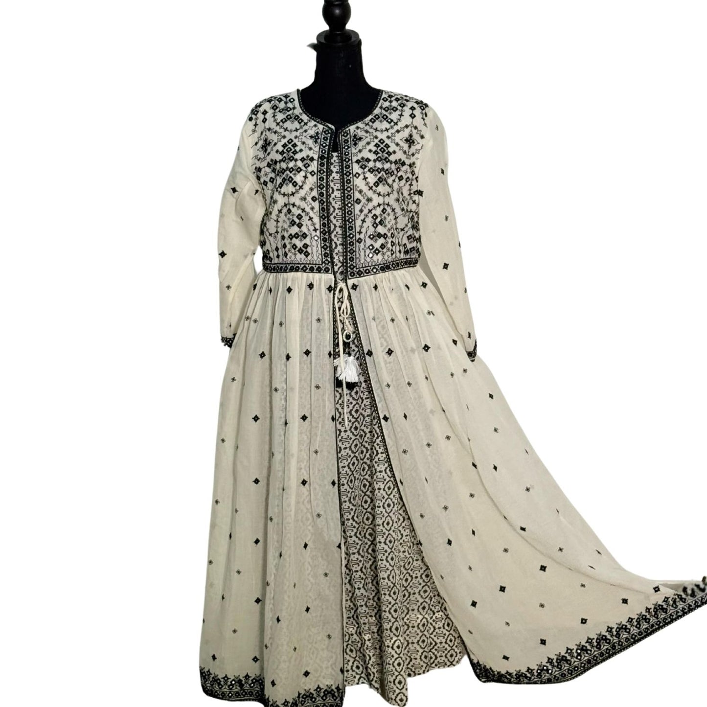 Mulmul Black and Cream Open Long Frock with Thread Work