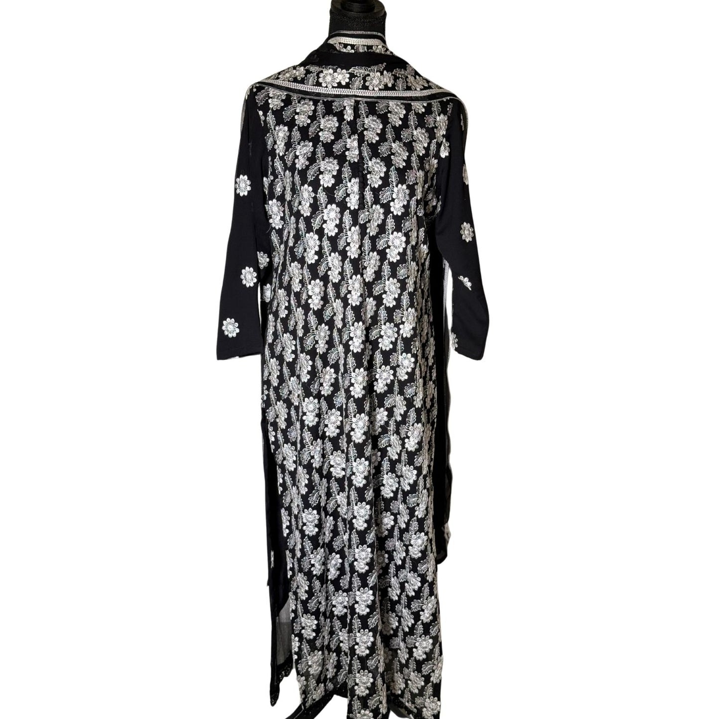 3 piece Black Chiffon Dress with White Embroidery and Silk Trouser