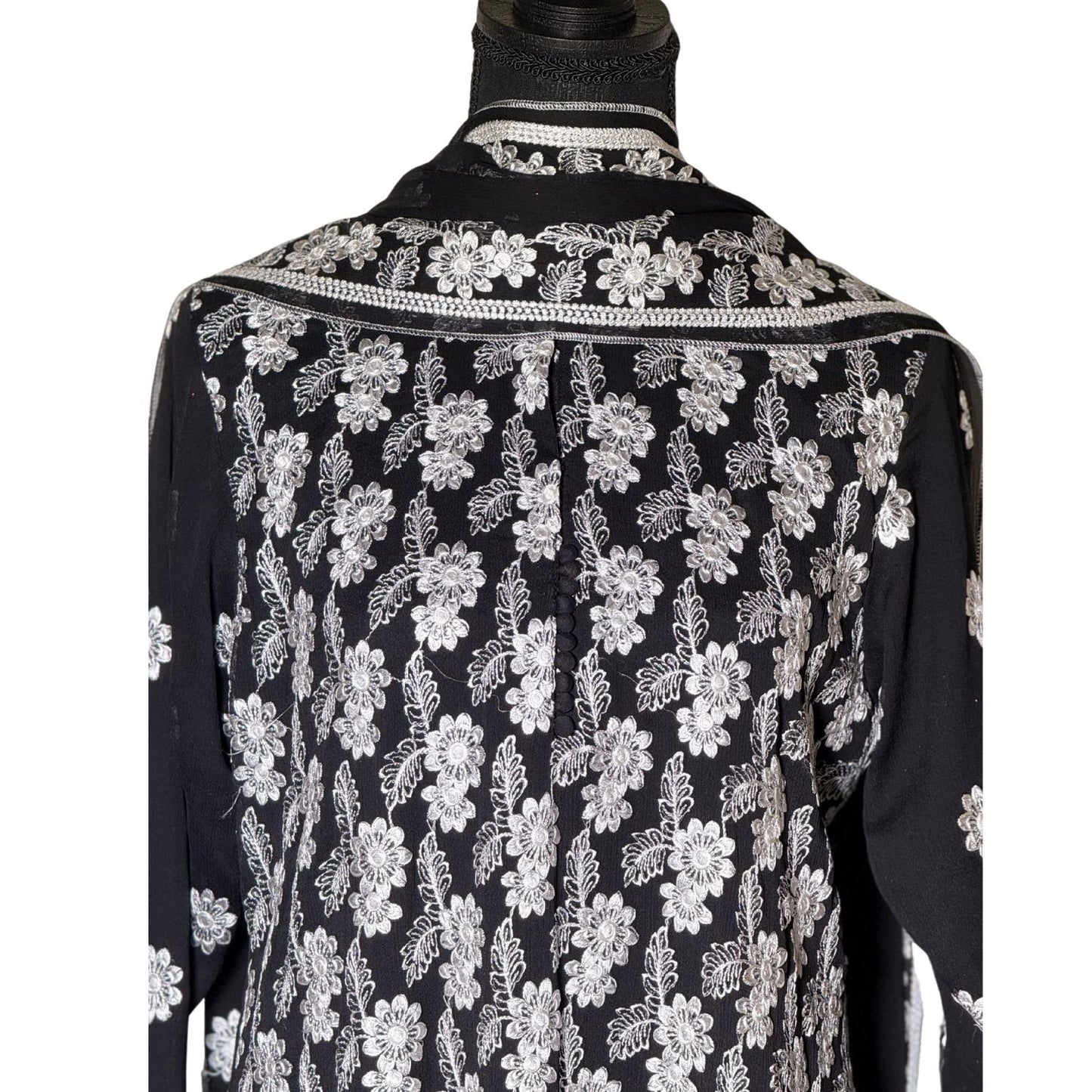 3 piece Black Chiffon Dress with White Embroidery and Silk Trouser