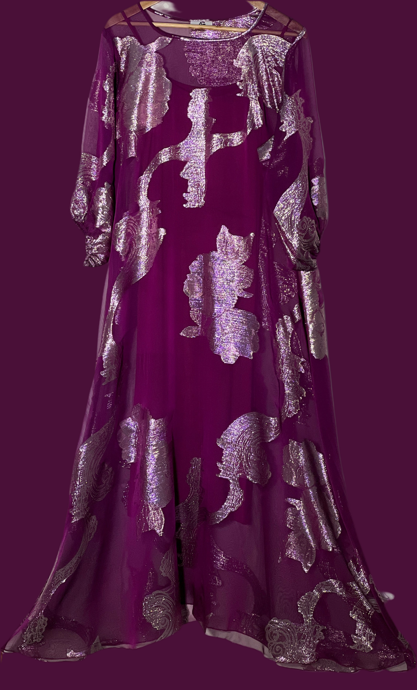 A Line Wine Purple Premium pure French silk chiffon fabric with gold metallic lurex in floral design