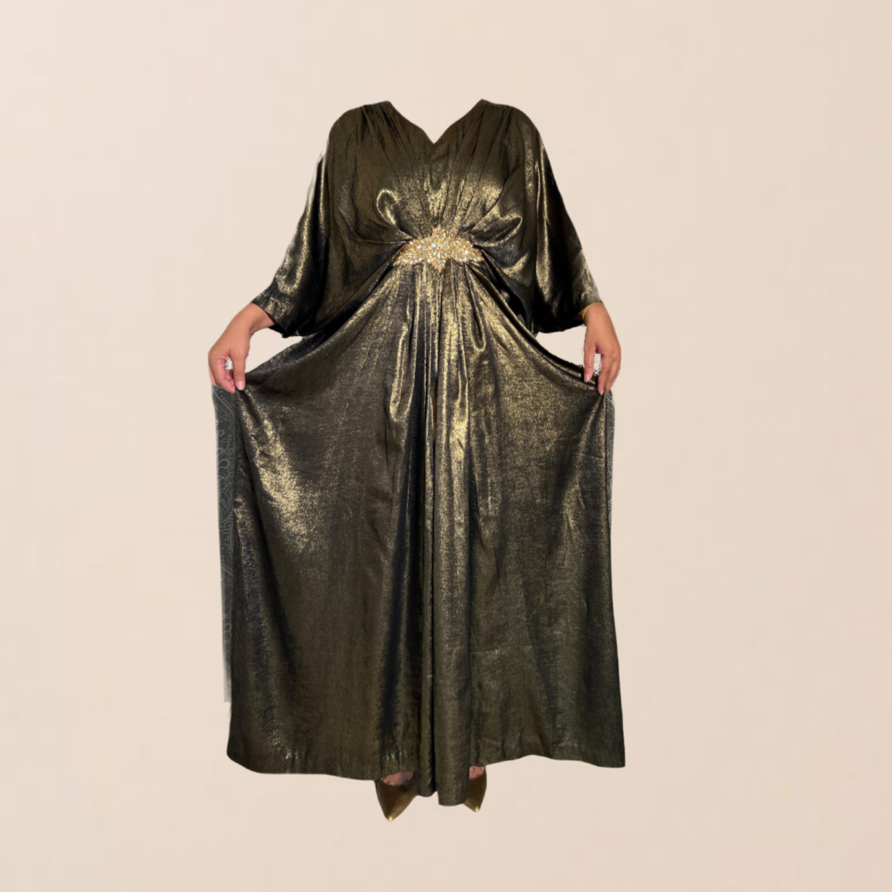 Black & Gold V-Neck Kaftan with Motif