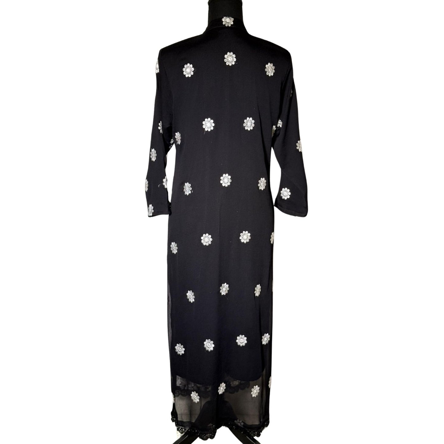 3 piece Black Chiffon Dress with White Embroidery and Silk Trouser