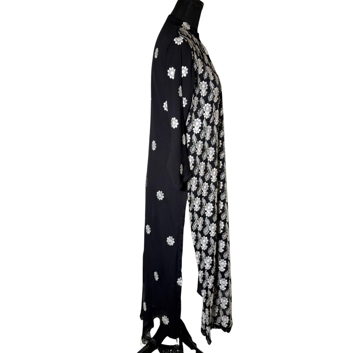3 piece Black Chiffon Dress with White Embroidery and Silk Trouser