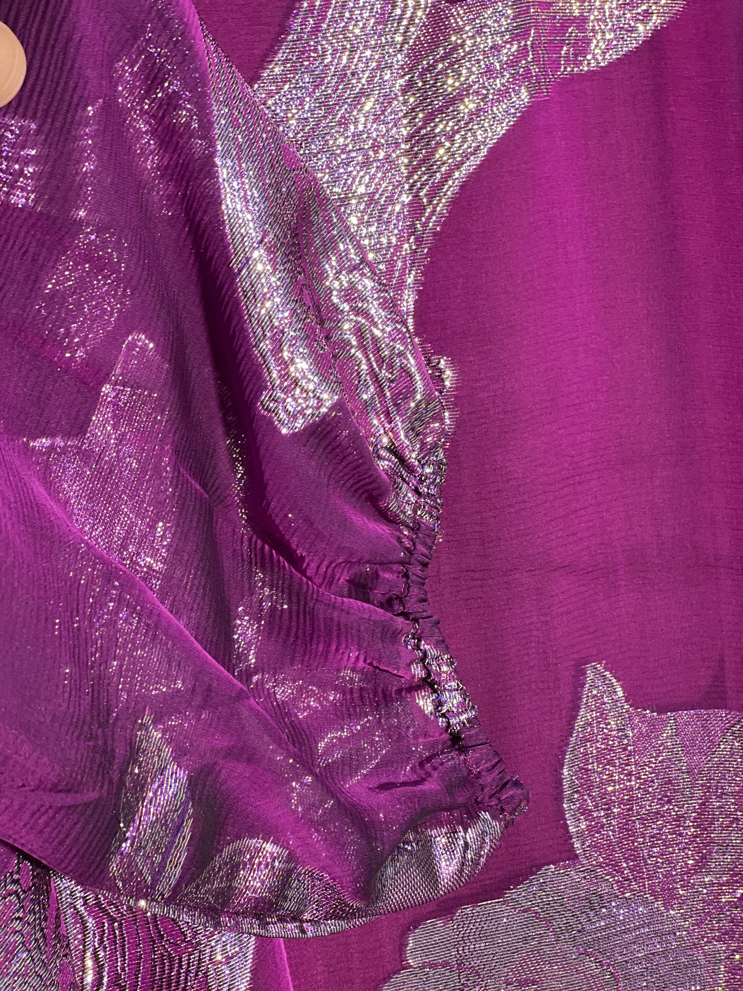 A Line Wine Purple Premium pure French silk chiffon fabric with gold metallic lurex in floral design
