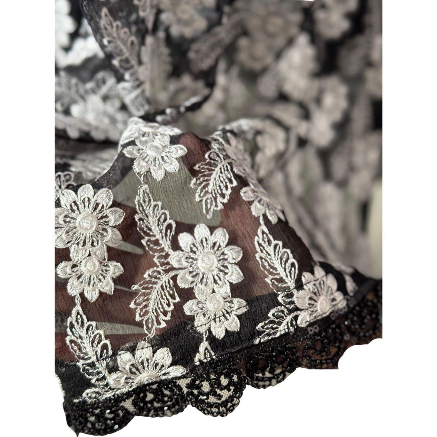 3 piece Black Chiffon Dress with White Embroidery and Silk Trouser