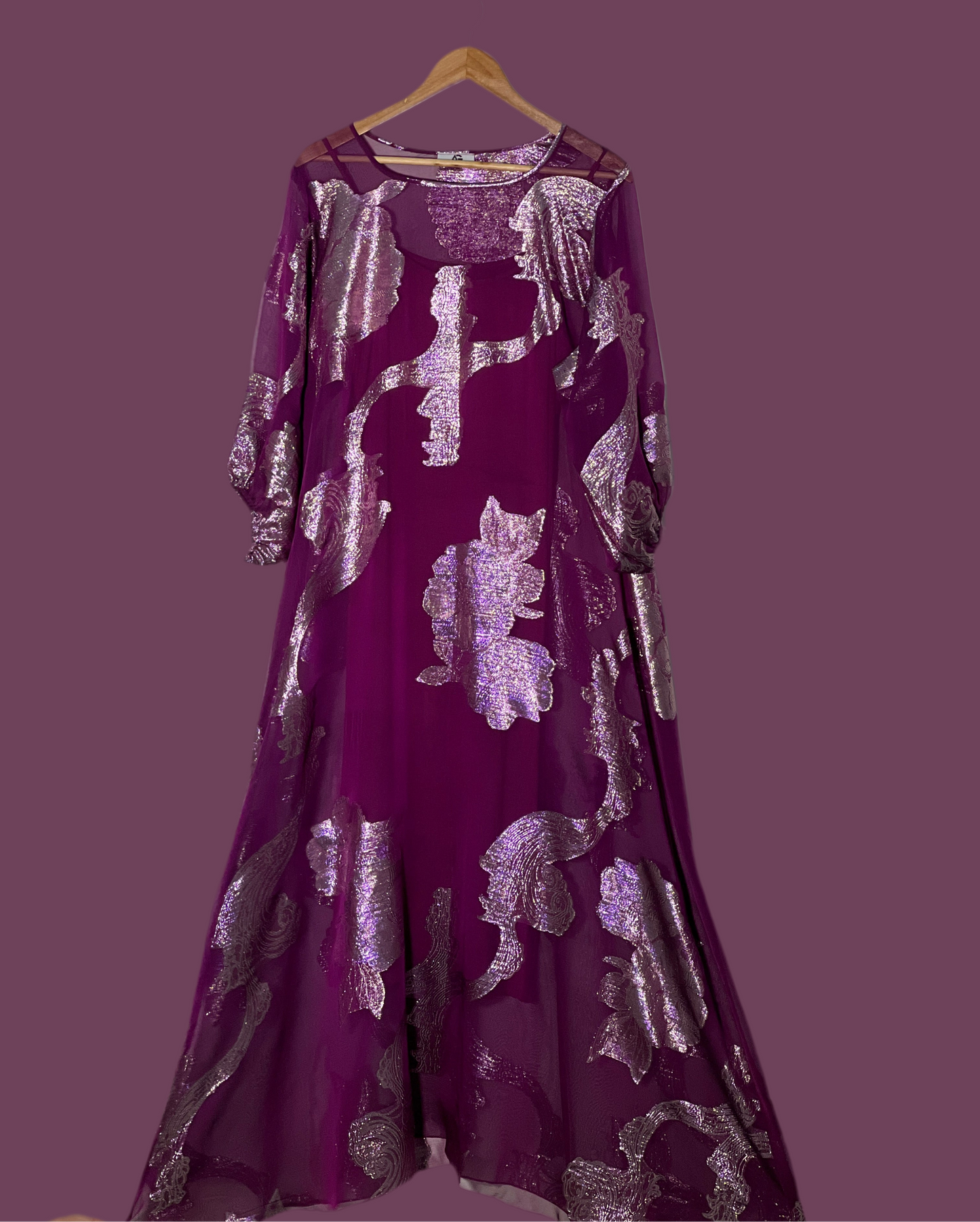 A Line Wine Purple Premium pure French silk chiffon fabric with gold metallic lurex in floral design