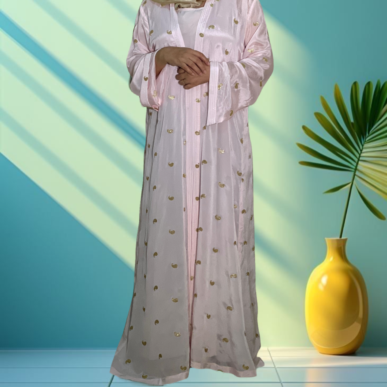 Baby pink Crepe chiffon metallic with crystal design (Jellabiya)