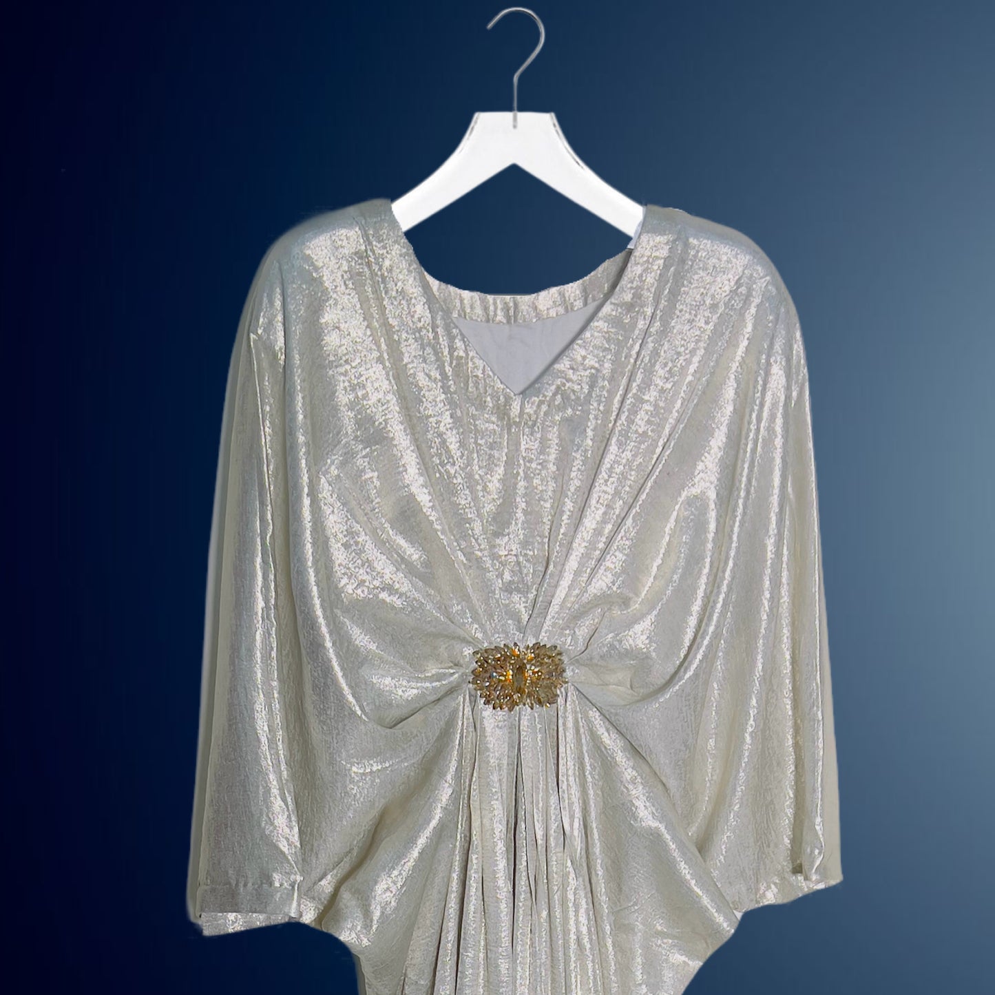 Silver V-Neck Kaftan with Motif