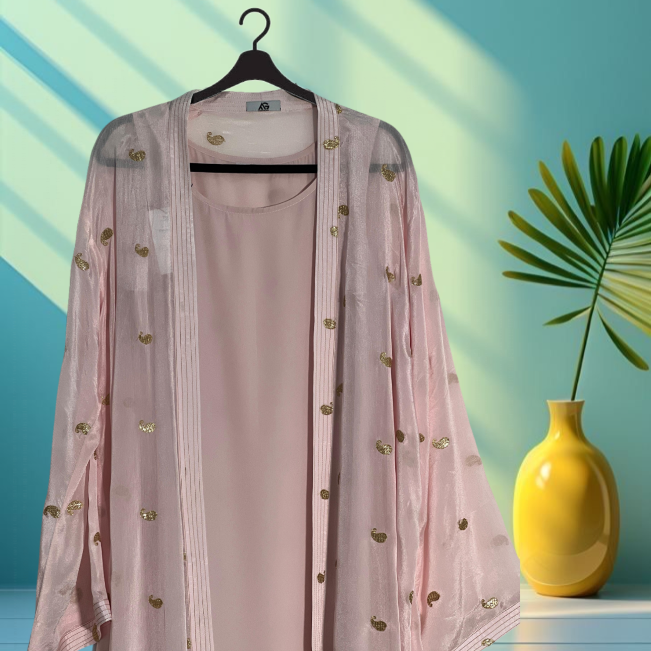 Baby pink Crepe chiffon metallic with crystal design (Jellabiya)