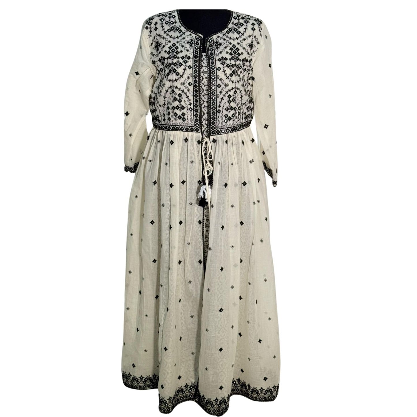 Mulmul Black and Cream Open Long Frock with Thread Work