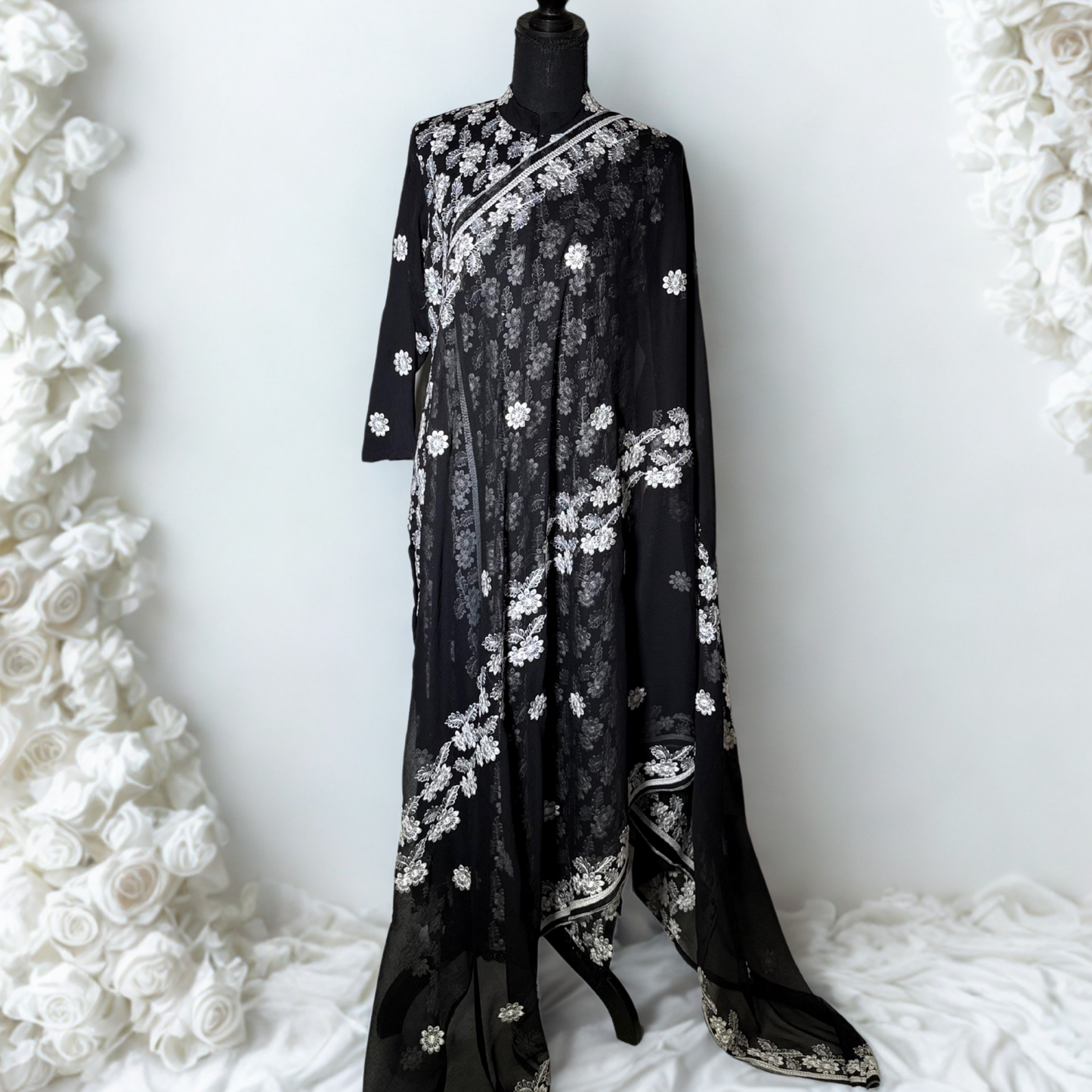 3 piece Black Chiffon Dress with White Embroidery and Silk Trouser