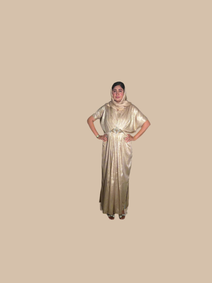 Gold V-Neck Kaftan with Motif