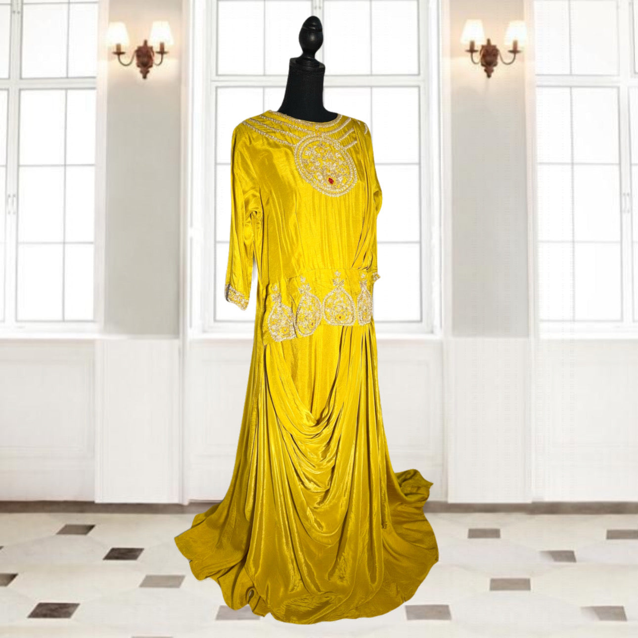 Mustard gown with Serma hand Embroidery