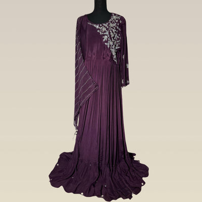 Elegant purple chiffon gown with hand embroidery and sequence