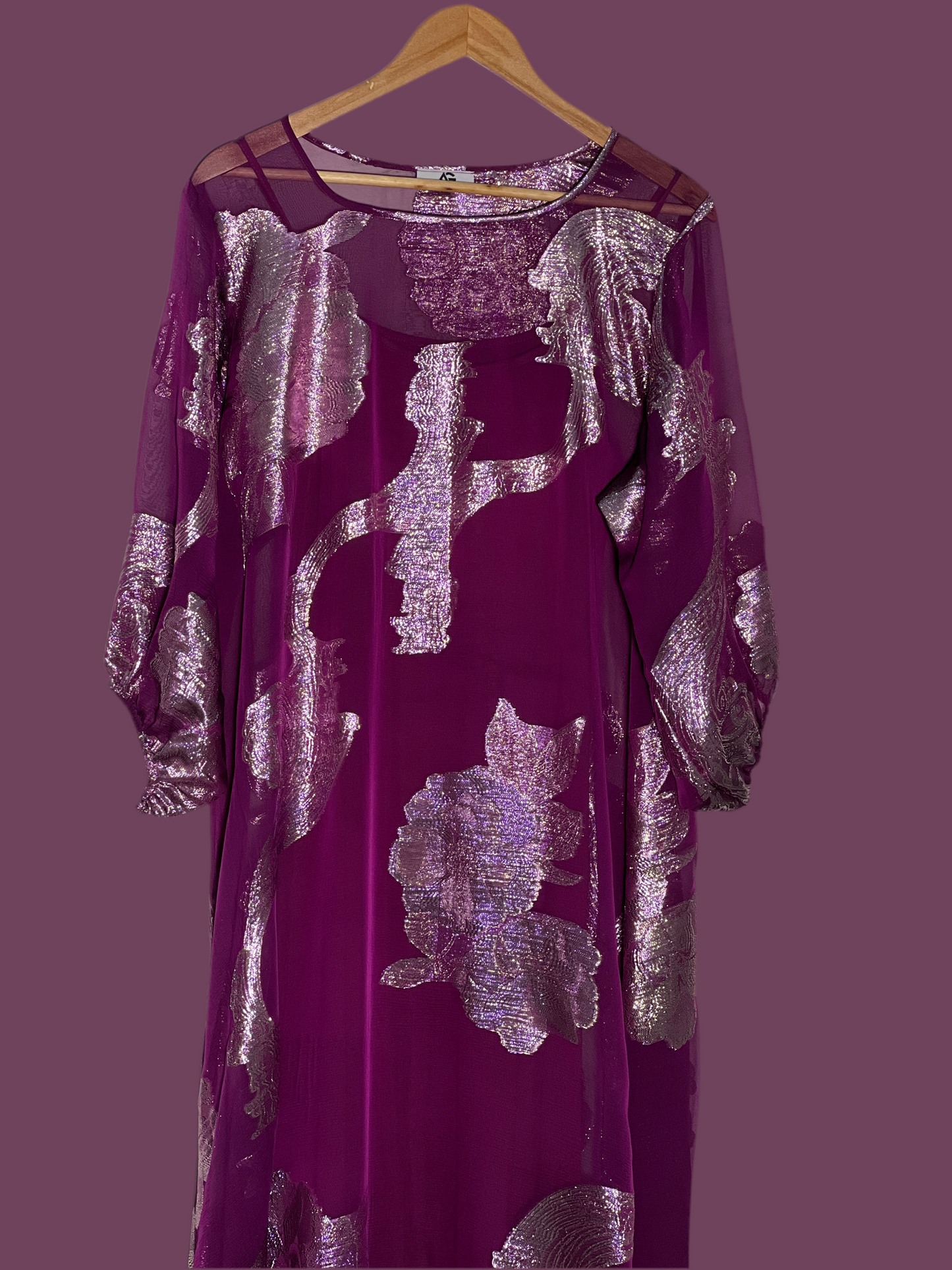 A Line Wine Purple Premium pure French silk chiffon fabric with gold metallic lurex in floral design