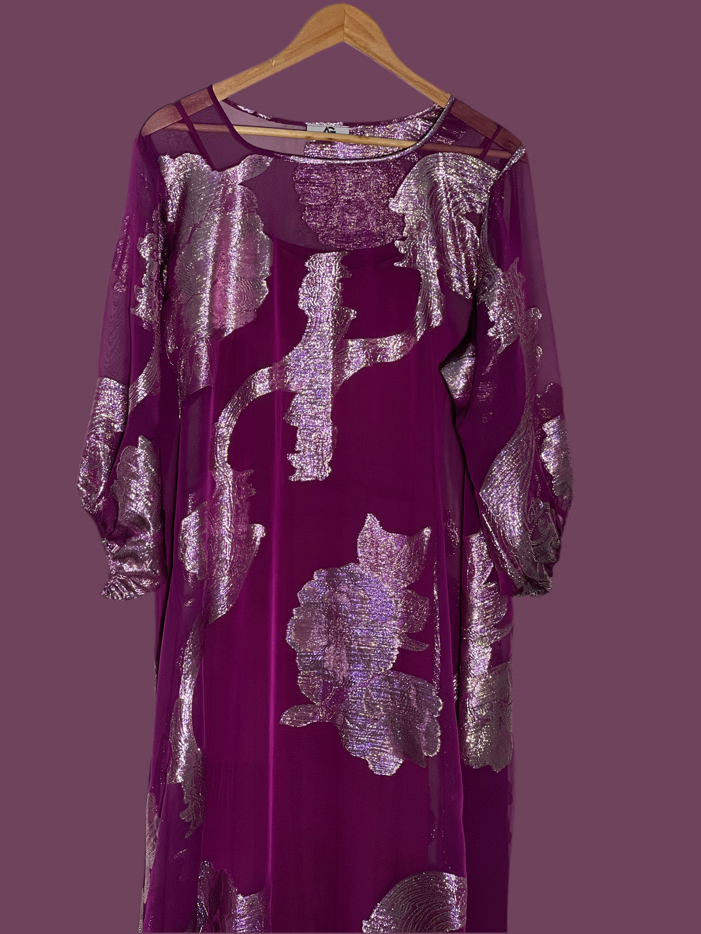 A Line Wine Purple Premium pure French silk chiffon fabric with gold metallic lurex in floral design