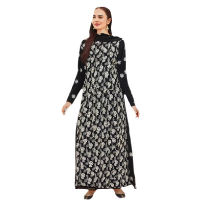 3 piece Black Chiffon Dress with White Embroidery and Silk Trouser