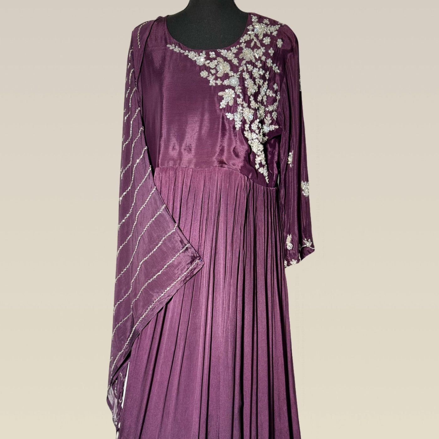 Elegant purple chiffon gown with hand embroidery and sequence