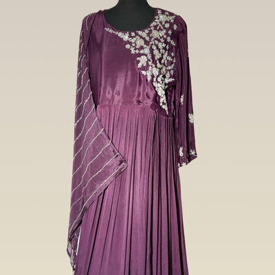 Elegant purple chiffon gown with hand embroidery and sequence