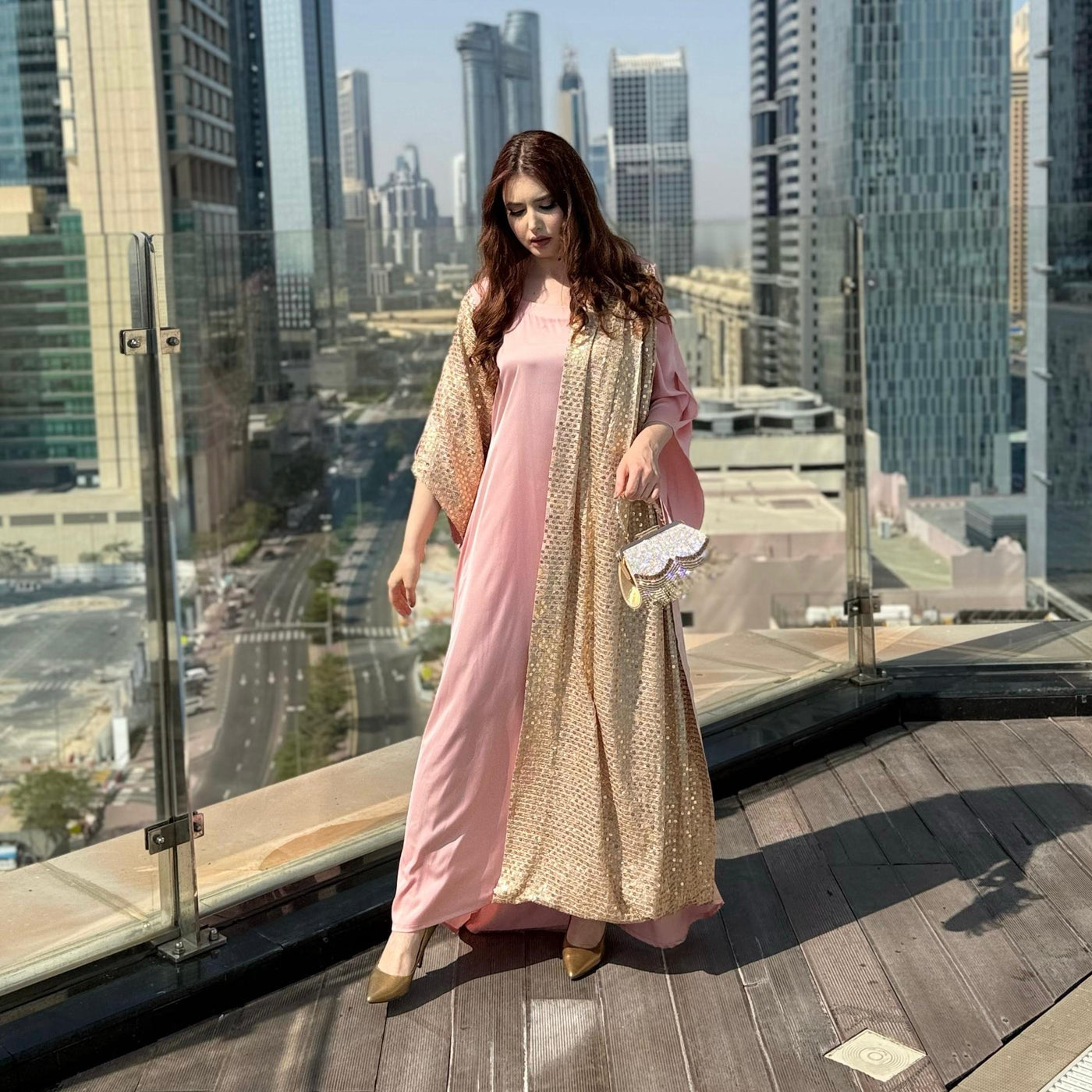 Pink Silk gown designed with fancy chiffon sequins fabric