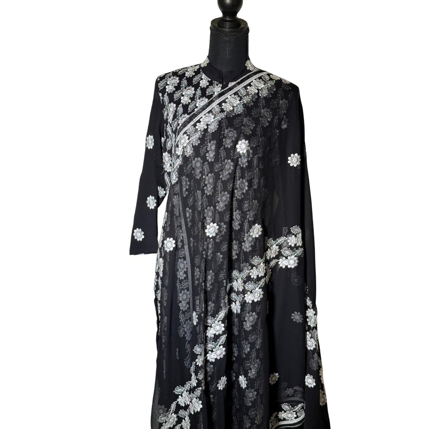 3 piece Black Chiffon Dress with White Embroidery and Silk Trouser