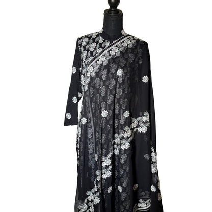 3 piece Black Chiffon Dress with White Embroidery and Silk Trouser