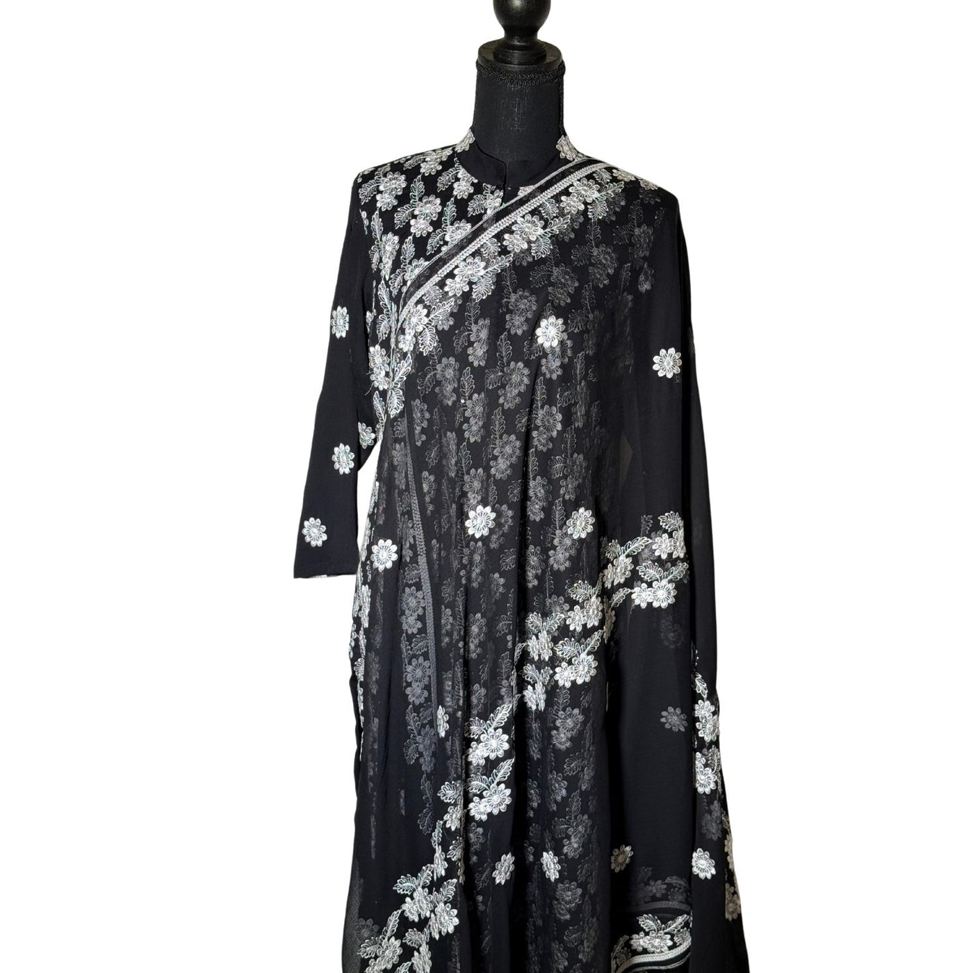 3 piece Black Chiffon Dress with White Embroidery and Silk Trouser
