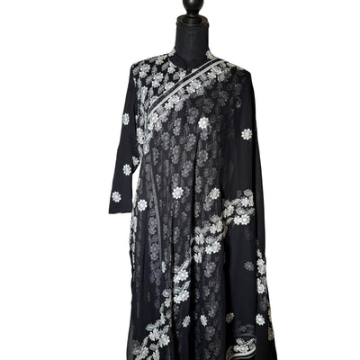 3 piece Black Chiffon Dress with White Embroidery and Silk Trouser