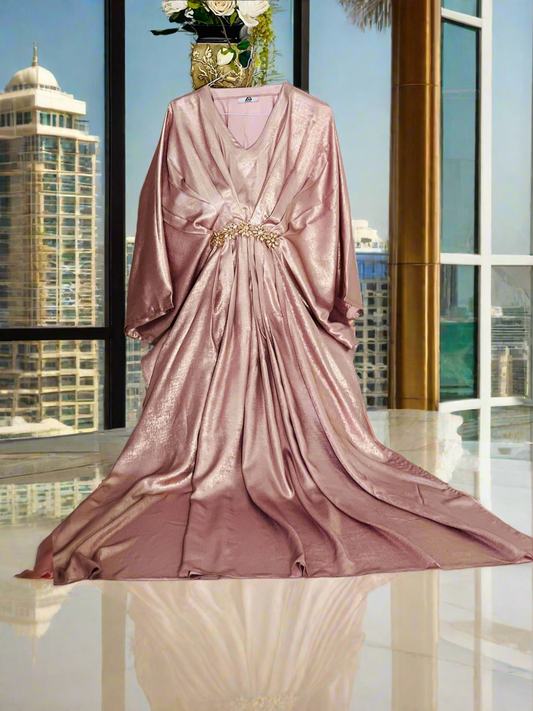 Peach Foil Zari Kaftan with Golden Motif