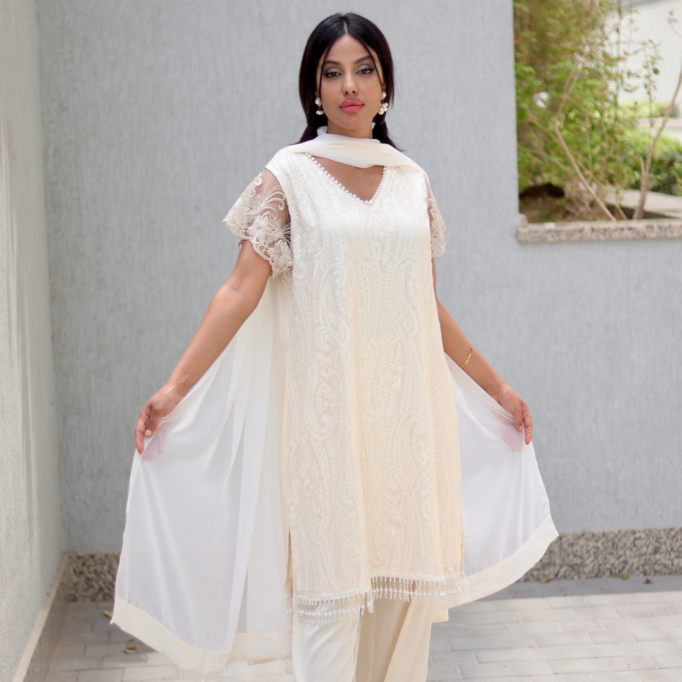 Cream Chikankari 3-Piece Dress – Formal | Office | Party Wear