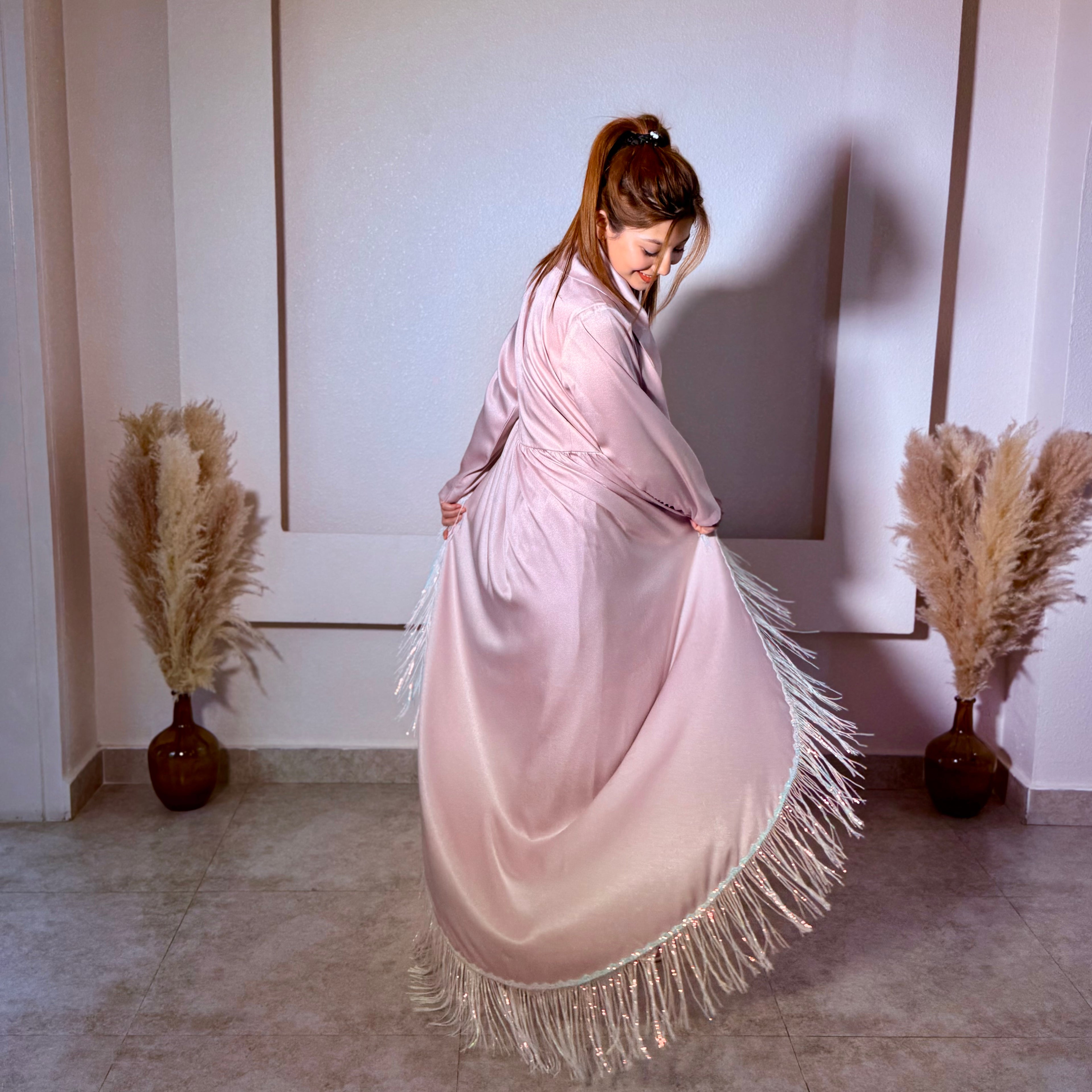 Pink Flared High-Waisted Pants with Deep V-Neck Top and inner (3-Piece Set)