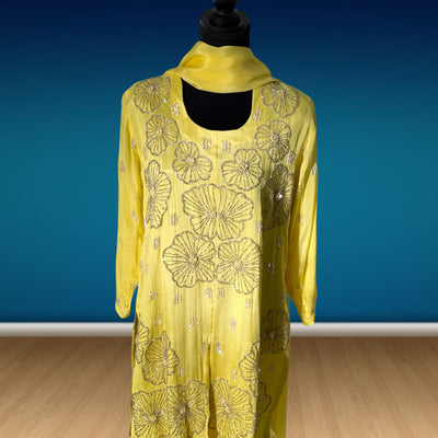 3 piece chiffon dress palazzo with short shirt (modern style handwork embroidery)