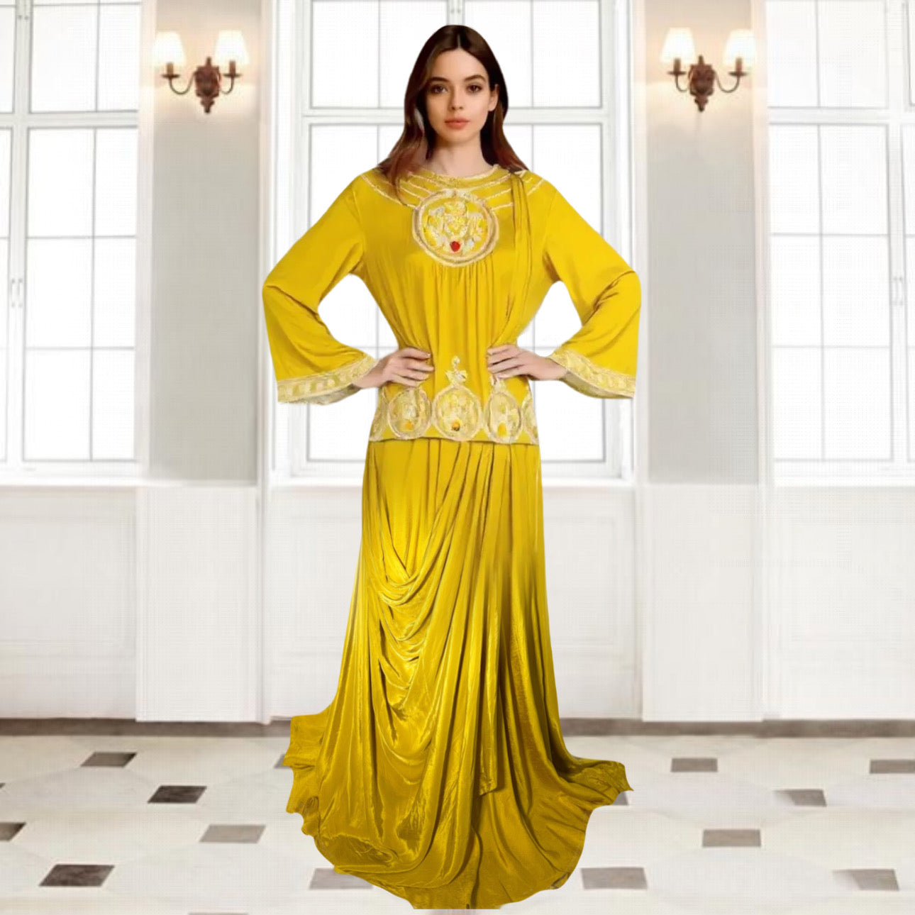 Mustard gown with Serma hand Embroidery