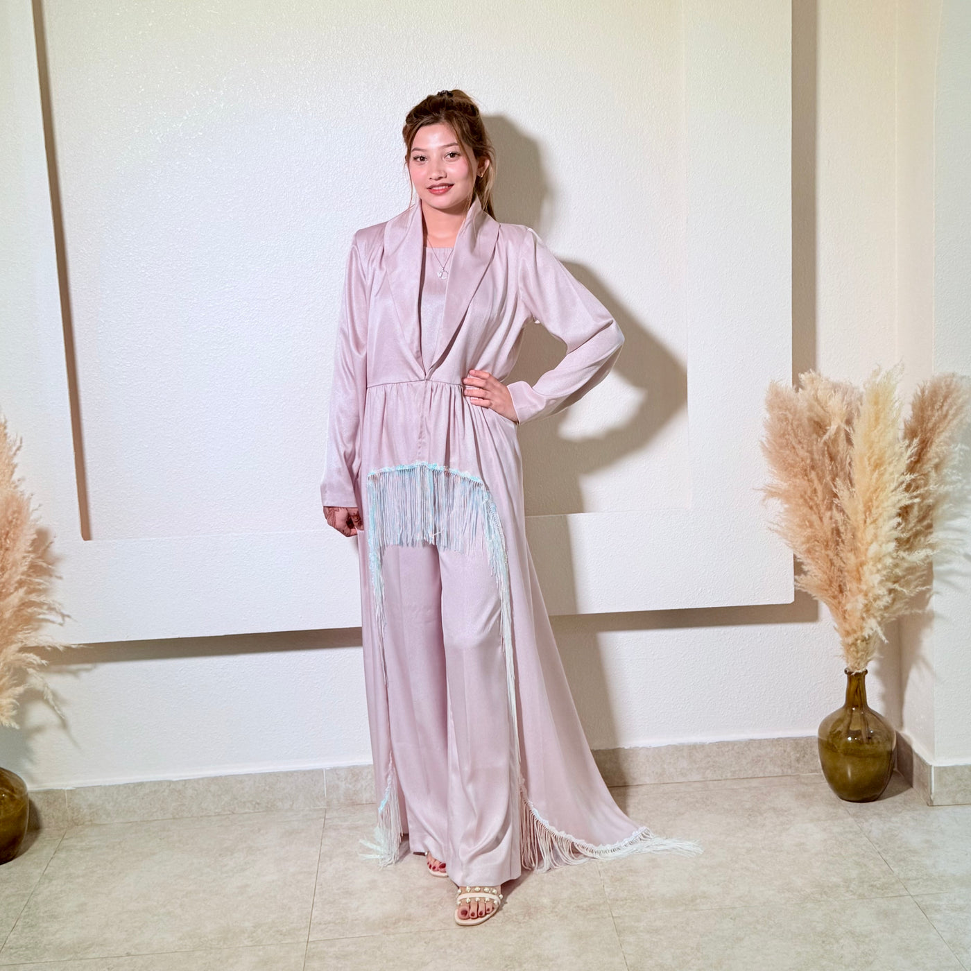 Pink Flared High-Waisted Pants with Deep V-Neck Top and inner (3-Piece Set)