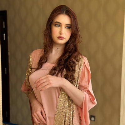 Pink Silk gown designed with fancy chiffon sequins fabric