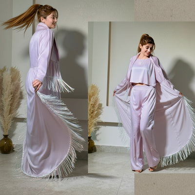 Pink Flared High-Waisted Pants with Deep V-Neck Top and inner (3-Piece Set)