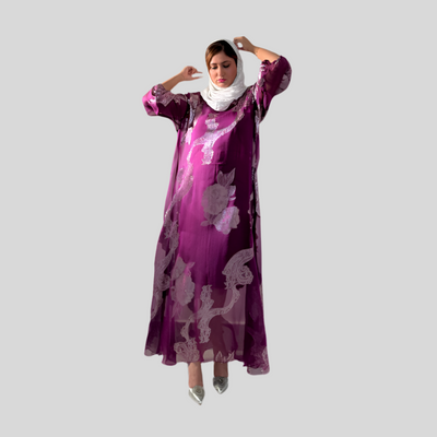 Luxury Purple Silk Chiffon with Gold Floral Lurex – Premium Fabric