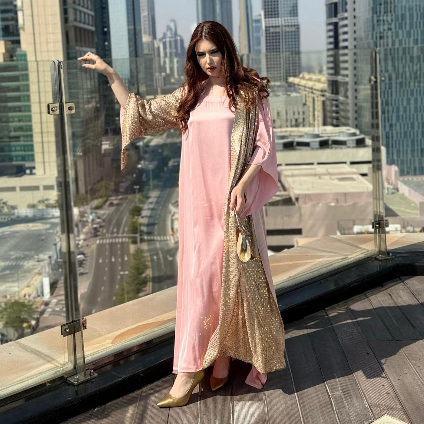 Pink Silk gown designed with fancy chiffon sequins fabric