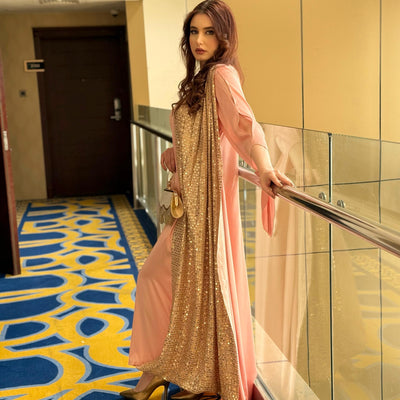 Pink Silk gown designed with fancy chiffon sequins fabric