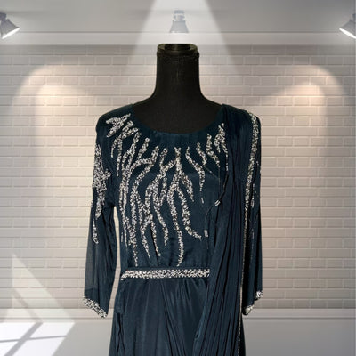 Blue fancy Western style Maxi Gown  (Cutdana & Moti work)