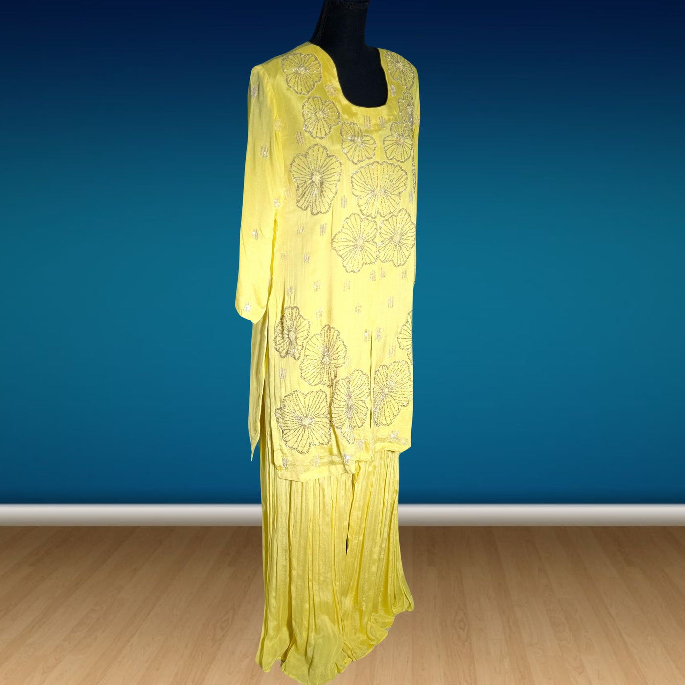 3 piece chiffon dress palazzo with short shirt (modern style handwork embroidery)