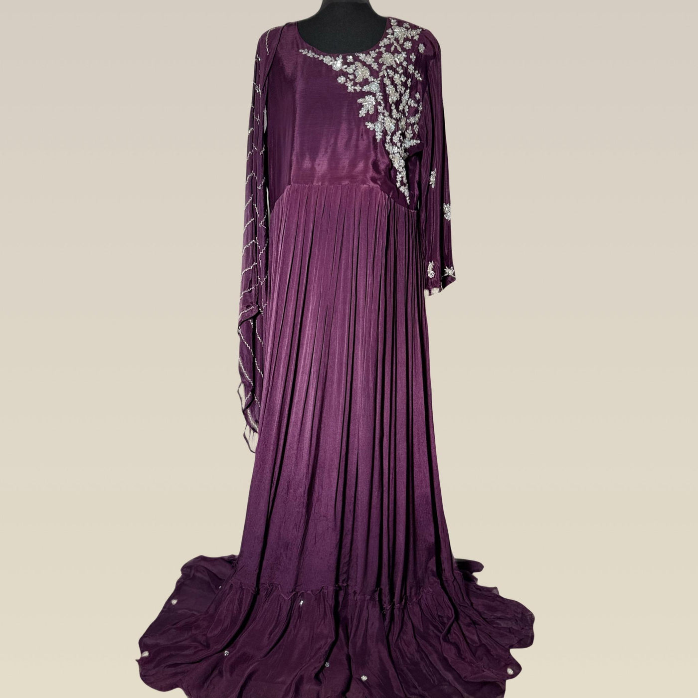 Elegant purple chiffon gown with hand embroidery and sequence
