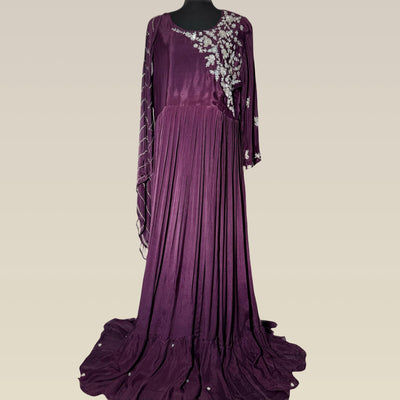 Elegant purple chiffon gown with hand embroidery and sequence